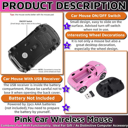 HuGuWdy Pink Wireless Car Mouse - 2.4G Wireless with USB Receiver, Optical Mouse for PC, Laptop, Tablet - Win XP/Vista/7/ME/2000/Mac OS Pink Mouse for Her for Christmas
