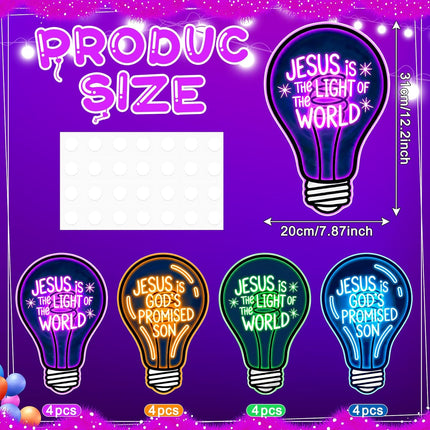 Sabary 16 Pcs VBS 2026 Light Bulb Cutouts Illumination Decorations 7.8x12.2 Inch Christian Jesus Neon Light Bulb Paper Cutout Set for VBS Church Decorations Bulletin Board Craft Classroom Wall Decor