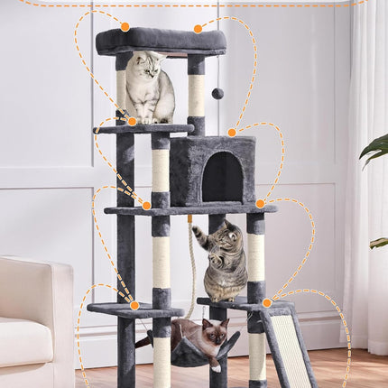Yaheetech Large Multi-Level Cat Tree, 63 Inches Tall with Sisal-Covered Scratching Posts, Condo, Hammock, Dangling Ball, and Extended Platform for Cats to Play and Sleep