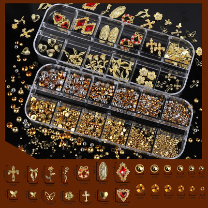 Gold Nail Charms and Gems Set, 4 Boxes Nail Gems Nail Pearls Nail Art Tools, 3D Cross Nail Charms Heart Nail Rhinestones for Nails Supplies, Charms for Nails Design Nail Art Kit