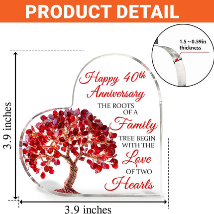 40th Wedding Anniversary Heart Acrylic Plaque, 40th Ruby Wedding Cake Topper Decorations, 40 Years Of Married Gifts For Parents, Tree of Life Anniversary Wedding Gifts for Couples