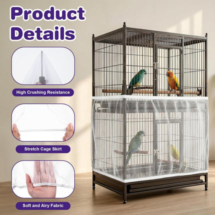 Bird Cage Cover, Large Breathable Nylon Mesh Seed Catcher Birdcage Guard with Adjustable Elastic Skirt for Prevents Seed Mess, Universal Birdcage Accessories for Parrot, Budgie, Cockatiel