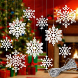 40Pcs White Glitter Snowflake Winter Snowflake Ornaments Christmas Hanging Decorations with 197 Inches Silver Rope for Wedding Birthday Home Xmas Tree Window Door Accessories