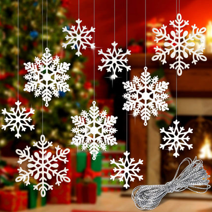 40Pcs White Glitter Snowflake Winter Snowflake Ornaments Christmas Hanging Decorations with 197 Inches Silver Rope for Wedding Birthday Home Xmas Tree Window Door Accessories