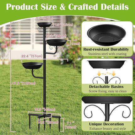 Pawaboo Bird Bath for Outside, 47in Metal Freestanding Birdbaths & Birdfeeder, Bird Feeder Bowl and 2 Birds Bath Bowls, 5-Pronged Base Birds Baths Feeder Stand