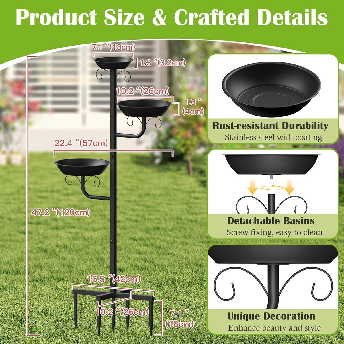 Bird Bath for Outside, 47in Metal Freestanding Birdbaths & Birdfeeder - photo 5
