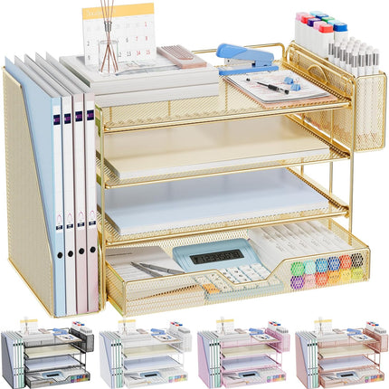 OPNICE Desk Organizers and Accessories, 4-Tier Office Desk Accessories & Workspace Organizers with Drawer and Pen Holder, Desktop Paper Tray File Organizer for Home Office Supplies, Gold