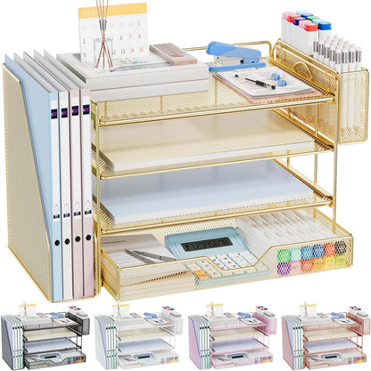 Gold 4-Tier Desk Organizer with Drawer and Pen Holder