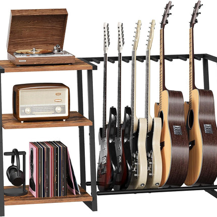 Guitar Stand, 3-Tier Guitar Rack with Adjustable Shelf for Record Player, Multi-Function Guitar Holder, Suitable for Acoustic, Electric, Bass, 5-6 Instruments, Rustic Brown and Black