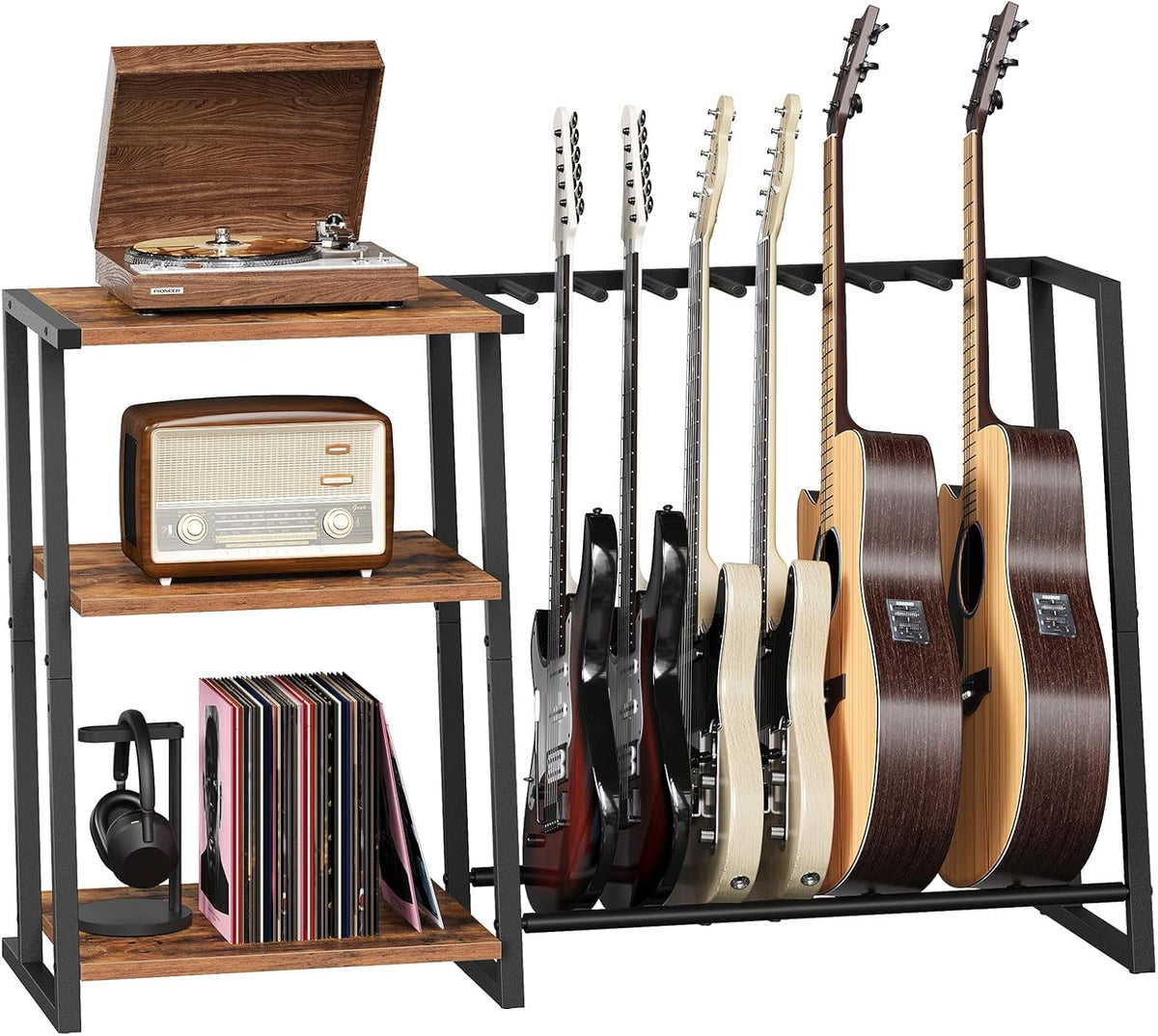 Guitar Stand, 3-Tier Guitar Rack with Adjustable Shelf for Record Player, Multi-Function Guitar Holder, Suitable for