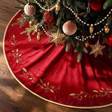 Christmas Tree Skirt, 48 inches Red Velvet Plush Fur Skirts with Gold Embroidered Holly Leaf for Rustic Xmas Tree Holiday Decorations