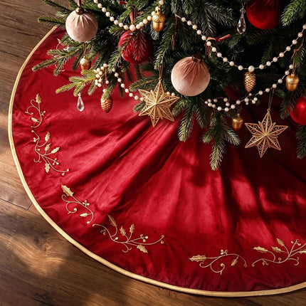 Christmas Tree Skirt, 48 inches Red Velvet Plush Fur Skirts with Gold Embroidered Holly Leaf for Rustic Xmas Tree Holiday Decorations