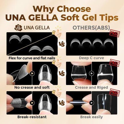 UNA GELLA Extra Short Almond Nail Tips Full Cover 504PCS Gel Nail Tips Short Almond Shaped Nails Tips Soft Gelly Gel Clear Fake Nails Tip for Acrylic Nail Tip Soak Off Home DIY Salon Nails 12 Sizes