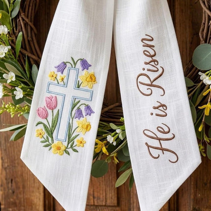 Custom Embroidered Christian Cross Flowers Wreath Sash, He Is Risen Easter Home Decor, Christ Sash Basket Bow, Easter Wreath Ribbon, Personalized Easter Basket Ribbon with Embroidered Name