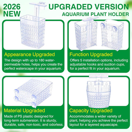 2026 Latest Upgraded Aquarium Plant Holder Adjustable Height with Extendable Hook and Suction Cup for Fish Tank Aquaponic Plant Cultivation and Aquascape Accessories Decorations (4 Pack) Transparent