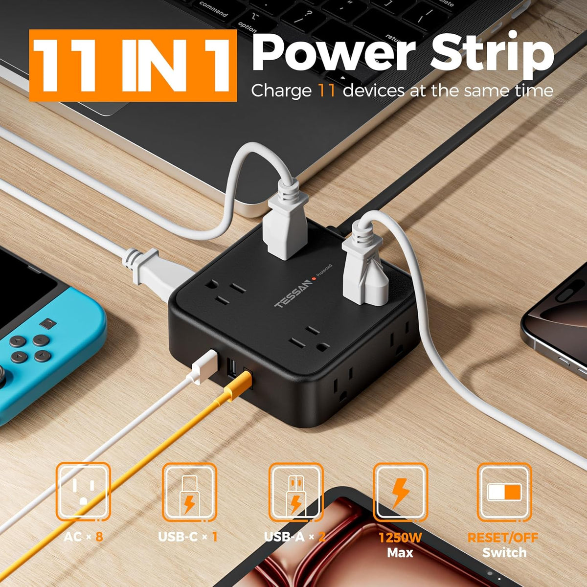 Surge Protector Power Strip, 5 Ft Flat Plug Extension Cord with 3 USB (1 USB C) 8 Outlets, 1250W, 900J - photo 3