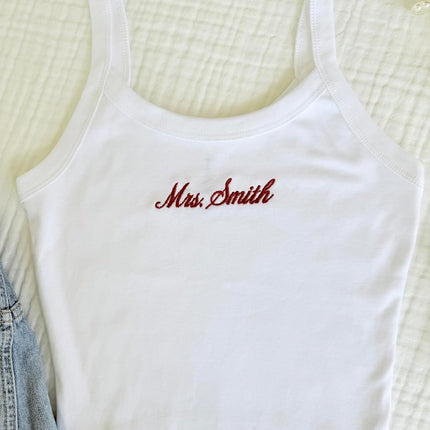 Embroidered Spaghetti Strap Tank Top, Mrs. Tank, Bride T-Shirt, Bridal Shower Gift, Engagement Gift, Bridal Tank Top White