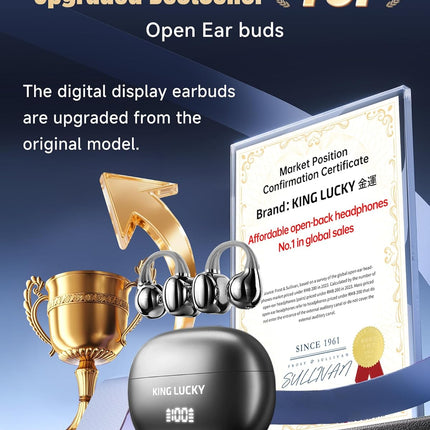 King Lucky Clip-On Earbuds Gen 3, Open-Ear Wireless Bluetooth 6.0 Headphones with Mic, Secure Fit for Small Ears & Glasses Wearers, 50H Playtime, LED Digital Display, ENC, IPX5 Waterproof(Balck)