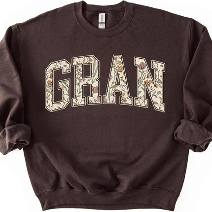 Daytee Women's Mama Grandma Auntie Sweatshirt - Botanical Floral Varsity Letter Crewneck - Dark Chocolate Brown Pullover