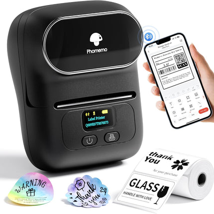 Phomemo M110 Label Makers - Barcode Label Printer Bluetooth Label Maker Portable Thermal Printer for Small Business, Address, Barcode, Logo, Clothing, Mailing, Sticker Printers for Phone & PC, Black