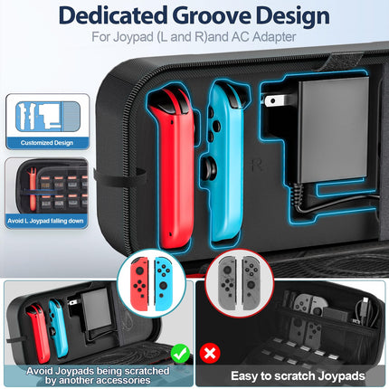 Switch Carrying Case Compatible with Nintendo & OLED, Portable Switch Travel Carry Case Fit for Joy-Con and Adapter, Hard Shell Protective OLED Pouch Bag with 20 Games, Black