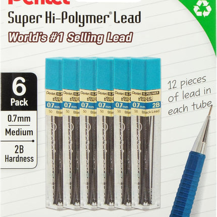 Pentel Super Hi-Polymer Lead Refills, 0.7 mm, 2B, 72 Pieces (12 pcs per tube, 6 tubes)
