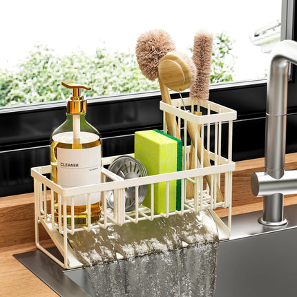 Sink Caddy Sponge Holder for Kitchen with Brush Holder and Stainless Steel Self Drain Tray, Rustproof Kitchen Sink Organizer for Sponge, Soap Dispenser Storage Accessories