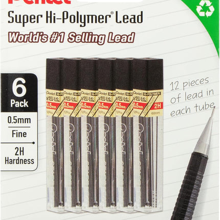 Pentel Super Hi-Polymer Lead Refills, 0.5 mm, 2H, 72 Pieces (12 pcs per tube, 6 tubes)