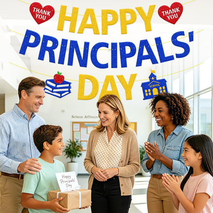 Happy Principals' Day Banner - We Appreciate You, School Principal Appreciation Decorations for Classroom, Hallway & Office Door, Blue Gold School Leadership Decor from Students, PTA & PTO