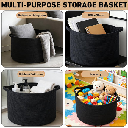 65L Extra Large Woven Cotton Rope Blanket Basket with Handles, Laundry Hamper Storage Bin for Pillows, Comforters,Clothes, Toys, Nursery, Bedroom and Living Room Organization,Black