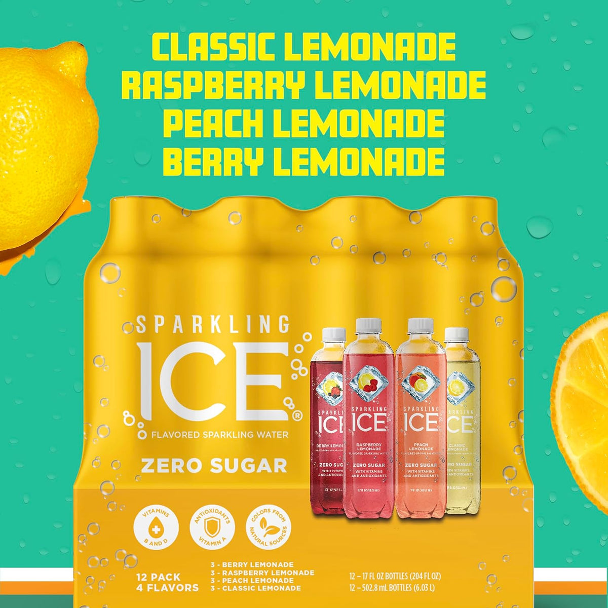 Lemonade Variety Pack, Zero Sugar Sparkling Water, with Vitamins and Antioxidants, 17 fl oz, 12 count - photo 4