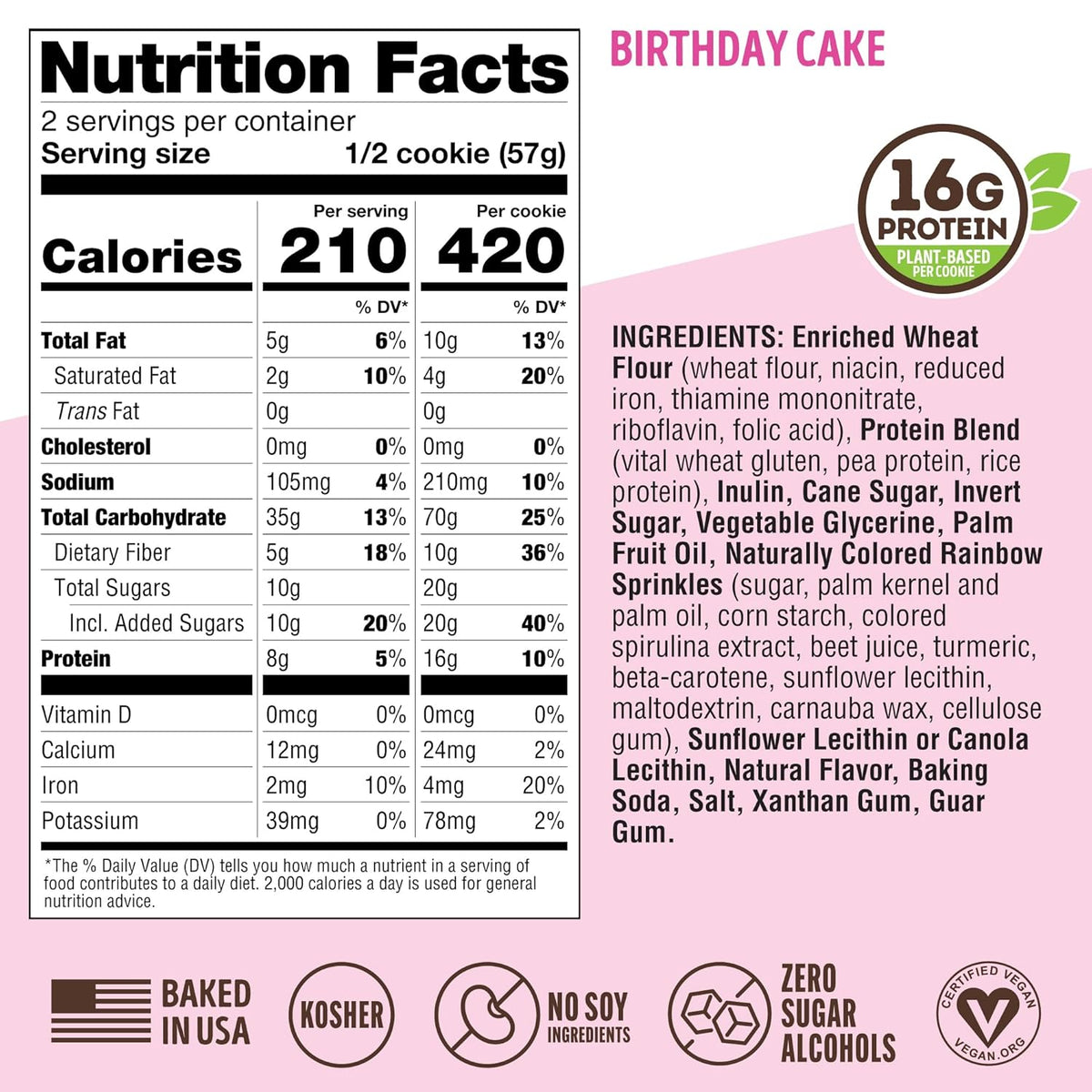 Protein Cookie, [Birthday Cake], Chewy Soft Baked, 16g Plant Protein, Vegan, Non-GMO, High Fiber, 4 - photo 2