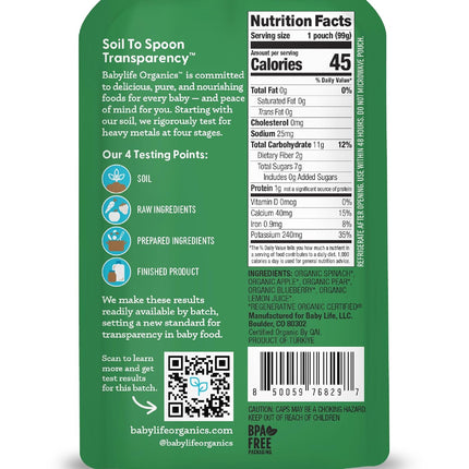 Babylife Organics Stage 2 - Spinach, Apple, Pear & Blueberry, 3.5 Ounce Pouch (6 Pack) - Heavy Metal Safe, Organic Baby Food