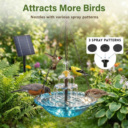 2026 Solar Cascade Hanging Bird Bath Fountain, Hanging Solar Birdbath with Plastic Bowl, 2-in-1 Birdbath & Water Station, 8 Spray Modes Hummingbird Bath for Outdoor Garden Patio