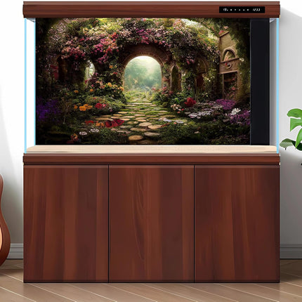 Garden Aquarium Background Mysterious Fantasy Garden with Archway and Flowers Terrarium Background Fairytale Garden Colorful Flowers Fish Tank Background Foggy Forest Reptile Background 36x18in