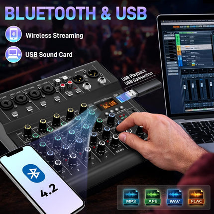 6-Channel Audio Mixer for Beginners, Easy Setup DJ Mixer with Bluetooth, USB/MP3 Sound Card, DSP Effects & 48V Phantom Power, Compact Mixing Console for Karaoke, Podcast & Streaming