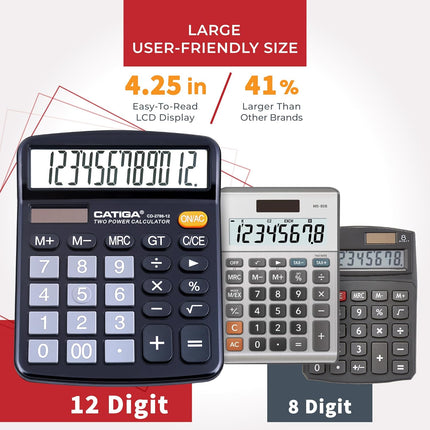 CATIGA 12 Digit Desk Calculator, Desktop Calculators with Large LCD Display & Big Buttons, Dual Power Solar & Battery, Standard Basic 4 Function Calculator for School, Office, Home