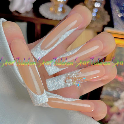 HAND-PAINTED White False Nails Set Coffin Press on Nails Pressons Kit Medium Length Stick on Nails Shoot Nail Art Short Nails with Nail Glue on Nails Square, Long Almond Nail (K26, Medium)
