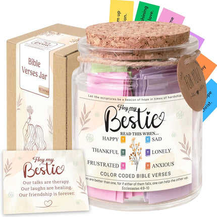 Bestie Bible Verses Jar – Christian Scripture Encouragement Jar, Color Coded Bible Verses, Faith Based Friendship Gift for Women