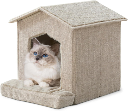 Beige Foldable Cat Cave Bed with Orthopedic Cushion