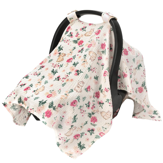 100% Muslin Cotton Car Seat Covers for Babies, Universal Baby Car Seat Cover, Breathable Muslin Carseat Cover Canopies for Boys and Girls, Soft Infant Car Seat Cover for Summer — Rabbits