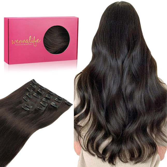 Clip in Hair Extensions Real Human Hair, 18 Inch 120g 7pcs Human Hair Extensions Clip Ins, Dark Brown Coloured Remy Hair