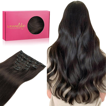 Clip in Hair Extensions Real Human Hair, 18 Inch 120g 7pcs Human Hair Extensions Clip Ins, Dark Brown Coloured Remy Hair