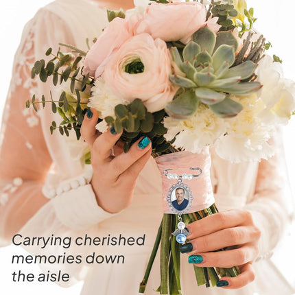 Wedding Bouquet Photo Charms, Something Blue Gift For Bride, Memorial Pin For Wedding Groom, Remembrance Gift From Deceased Mom Or Dad, DIY Bridal Pin With Guardian Angel Memory Charm And Picture