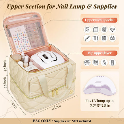 Nail Polish Organizer Case Holds 42+ Bottles (15ml/0.5 fl.oz), 2-Layer Nail Kit Bag with Compartments for Nail Supplies, UV Lamp, Nail Tech Organizers and Storage for Manicure Tools, Beige