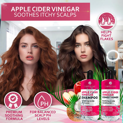 Apple Cider Vinegar Shampoo and Conditioner Set - Stop Flaky and Itchy Scalp – Sulfate Paraben Free Anti Dandruff Soothing Treatment for Dry, Oily and Damaged Hair - Intense Care for Women and Men