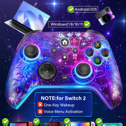 Wireless Switch Pro Controller for Nintendo Switch/OLED/Lite/Switch 2, 1200mAh Rechargeable Switch Controllers with 10 Colors LED & Cool Galaxy Nebula Design, Wake Up, Turbo, Vibration, Motion Control