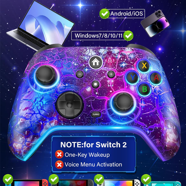 Wireless Switch Pro Controller for Nintendo Switch/OLED/Lite/Switch 2, 1200mAh Rechargeable Switch Controllers with 10 Colors LED & Cool Galaxy Nebula Design, Wake Up, Turbo, Vibration, Motion Control