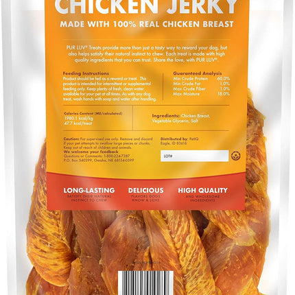 Pur Luv Chicken Jerky Dog Treats, Made with 100% Real Chicken Breast, 16 Ounces, Healthy, Easily Digestible, Long-Lasting, High Protein, Satisfies Dog's Urge to Chew