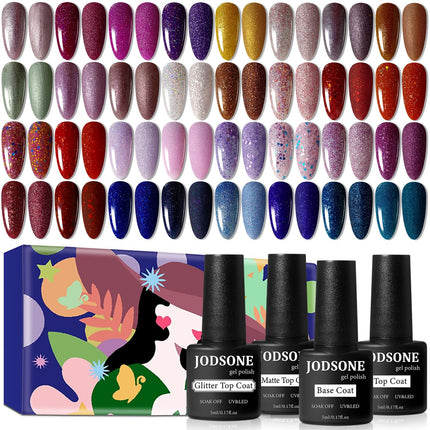 Set de 36 PCS de esmalte de gel para uñas-32 colores kit de esmalte de gel base coat glossy matte y glitter top coat colección verde azul rojo rosa para mujeres